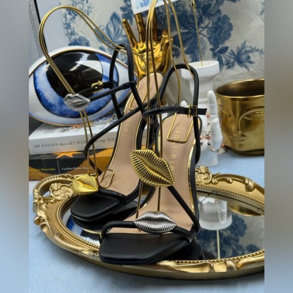 🆕 GIANNI BINI 🧿 NWOB Carletta Lip Ornamented Sandals, Black Leather, Sz 7 - Picture 11 of 16